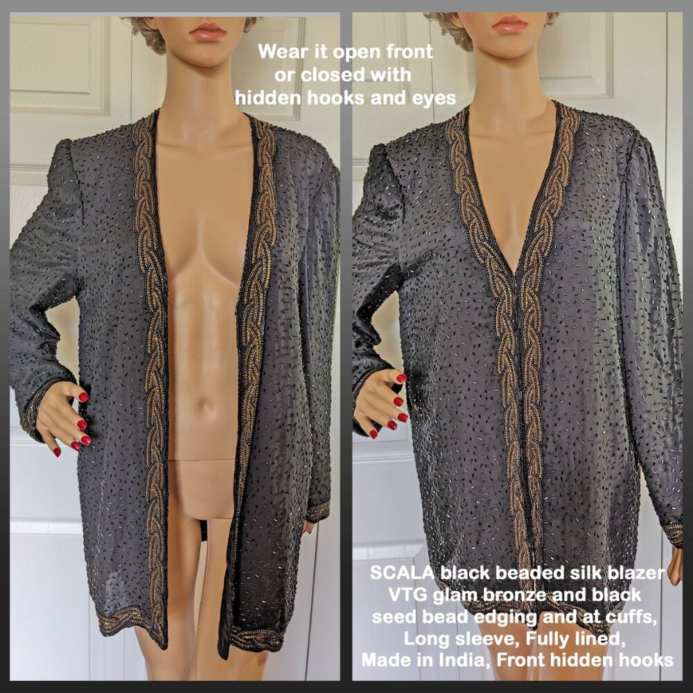 SCALA black beaded silk blazer, VTG glam bronze/black seed bead edging, 42 bust